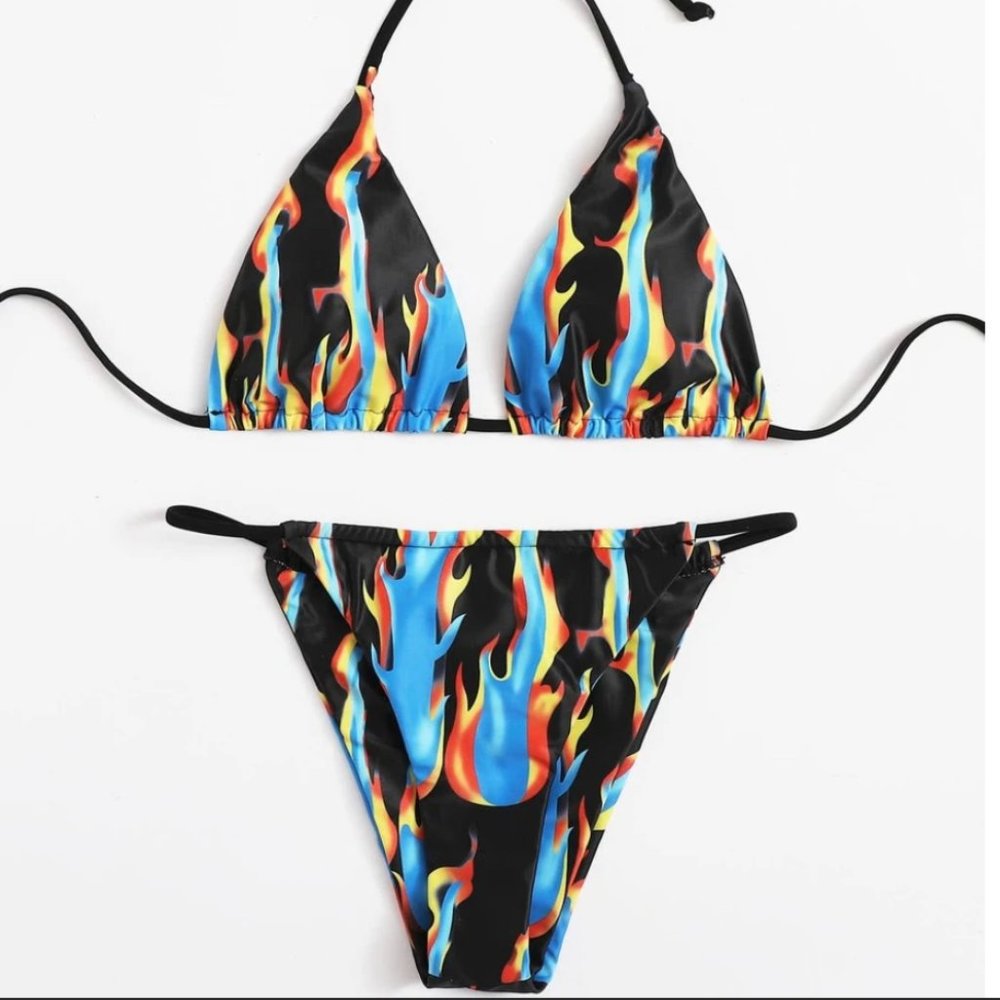 Fire Print Triangle Thong Bikini Swimsuit